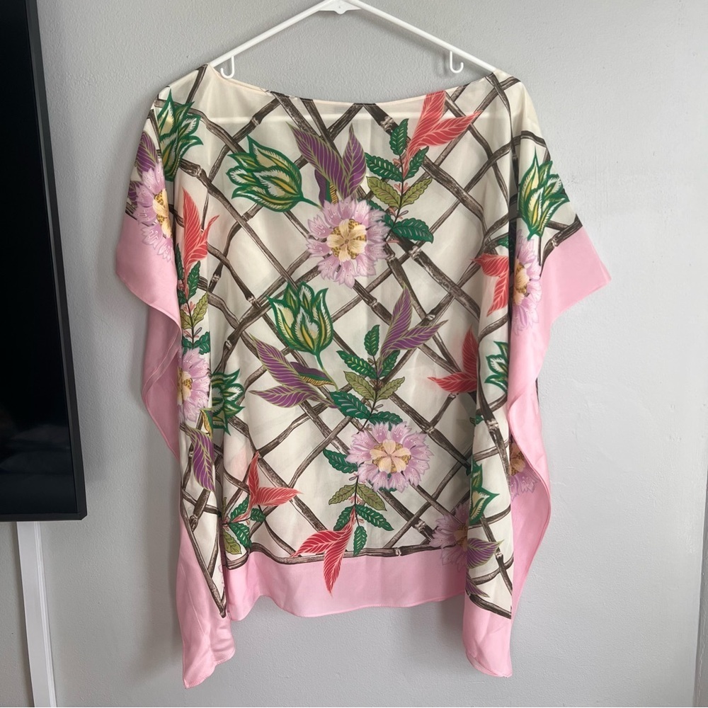 NWT‎ Talbots Silk BAMBOO FLORAL PONCHO Scarf Blouse L/XL - Picture 6 of 7